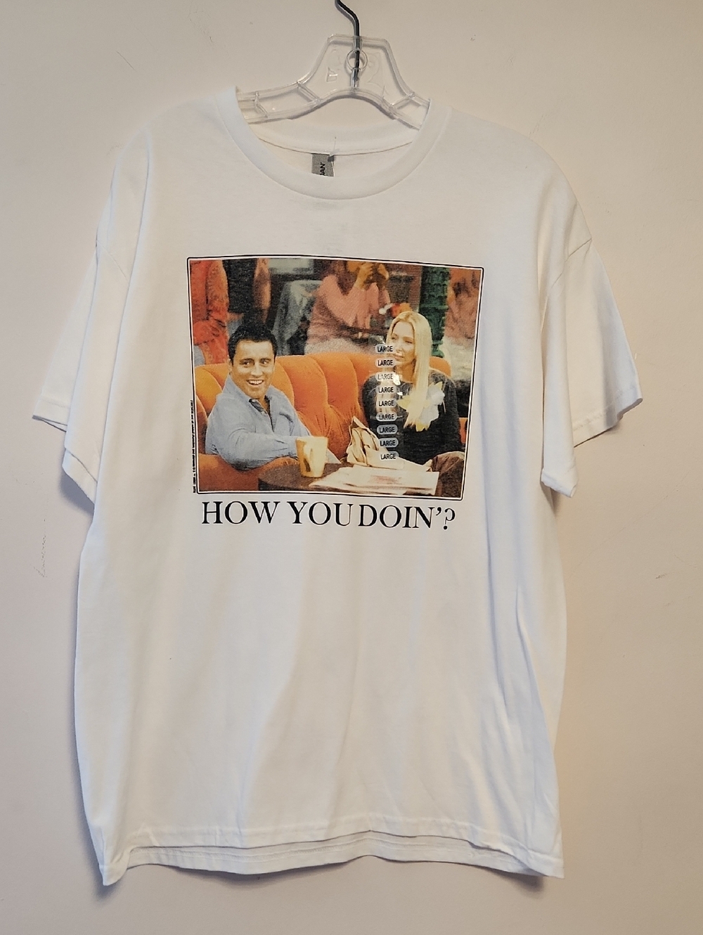 Gildan White  Tee "Friends"  TV Show  Scene With Wordng " How You Doin'?" Sz L